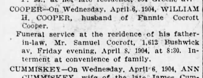 Samuel Cocroft has service for daughter Fannie Cooper late husband William H. who dies 4-6-1904