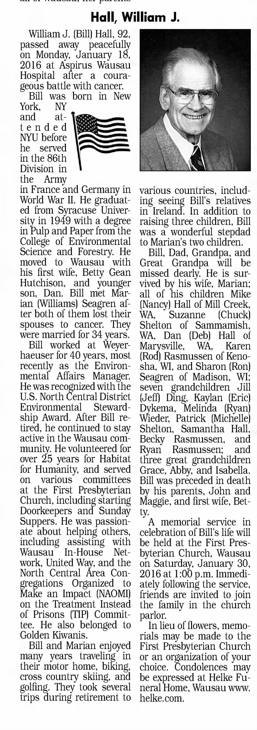 Obituary for William J. Hall (Aged 92)