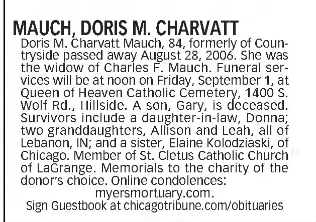 Obituary for Doris M. Charvatt MAUCH CHARVATT (Aged 84)