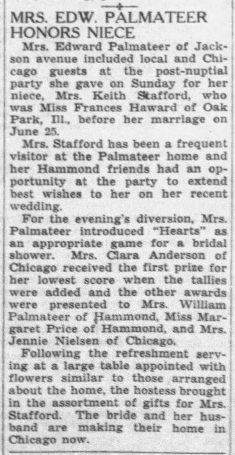 Mrs Edw Palmateer Honors Niece - 19 July 1938
