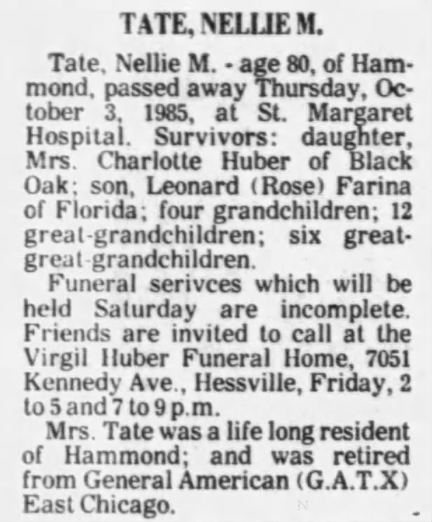 Obituary for NELLIE M. TATE (Aged 80)