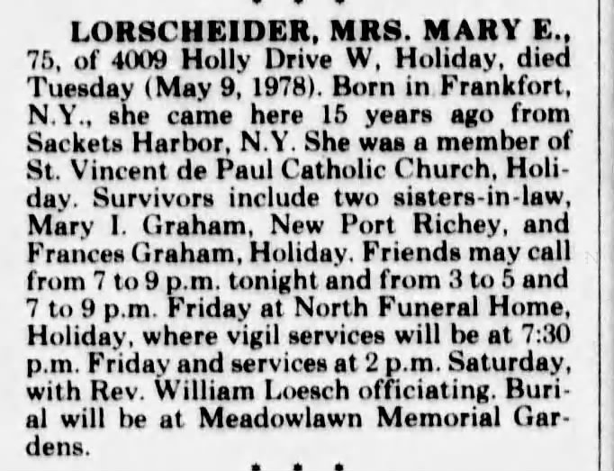 Mary E Lorscheider - 11 May 1978