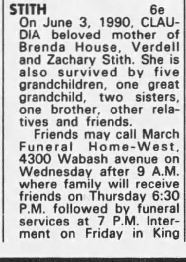 Obituary for CLAUDIA STITH