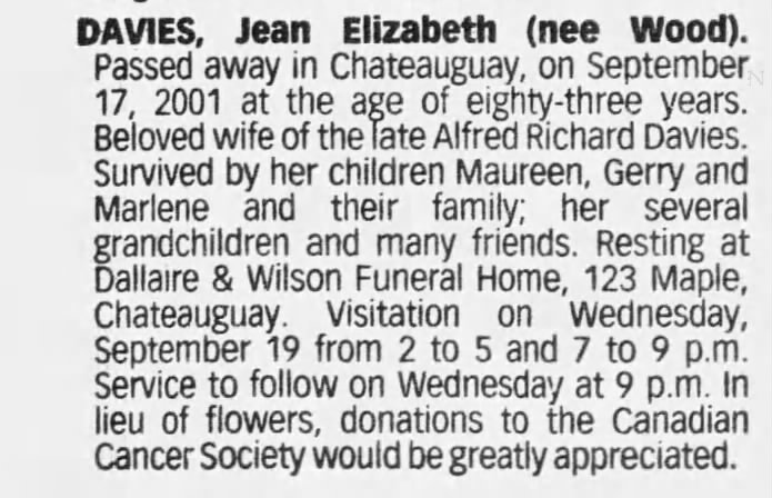 Jean Elizabeth (Nee Wood) Davies - 18 September 2001