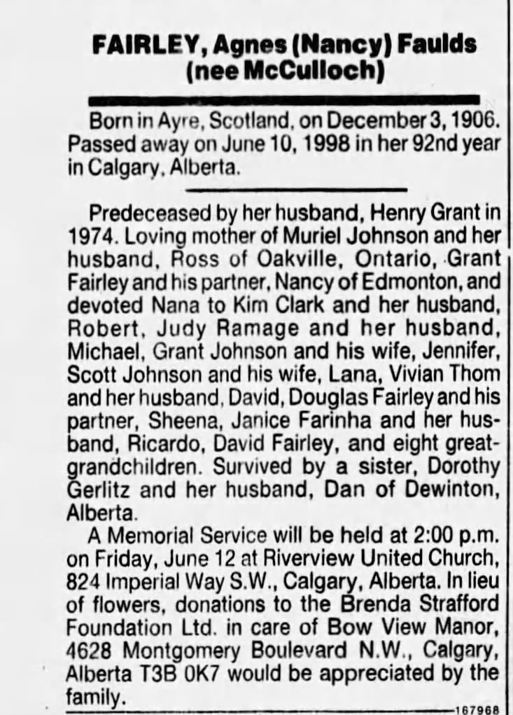 Agnes (Nancy) Faulds (Nee McCulloch Fairley - 12 June 1988 Calgary