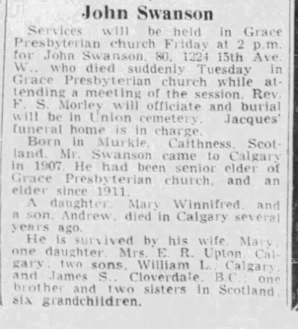 John Swanson - Passed Away Grace Presbyterian Church. 1945