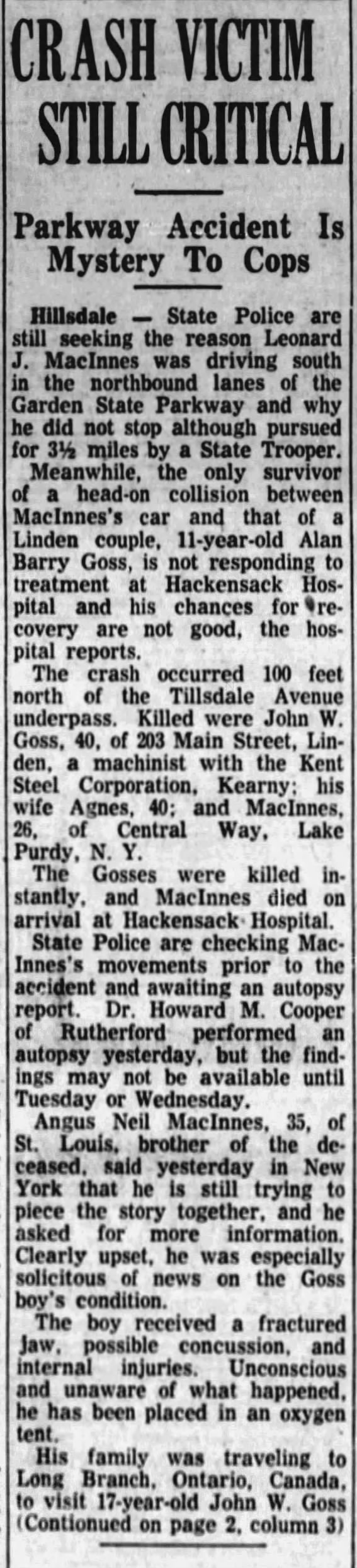 Crash victim still critical - 16 April 1960
