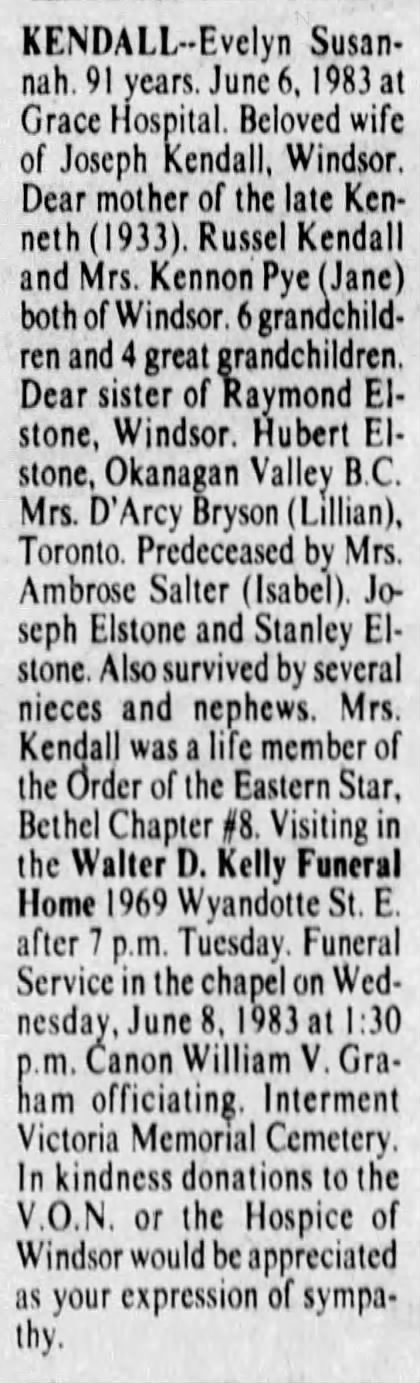 Obituary for K ENDALL-Evelyn Susan-nah  (Aged 91)