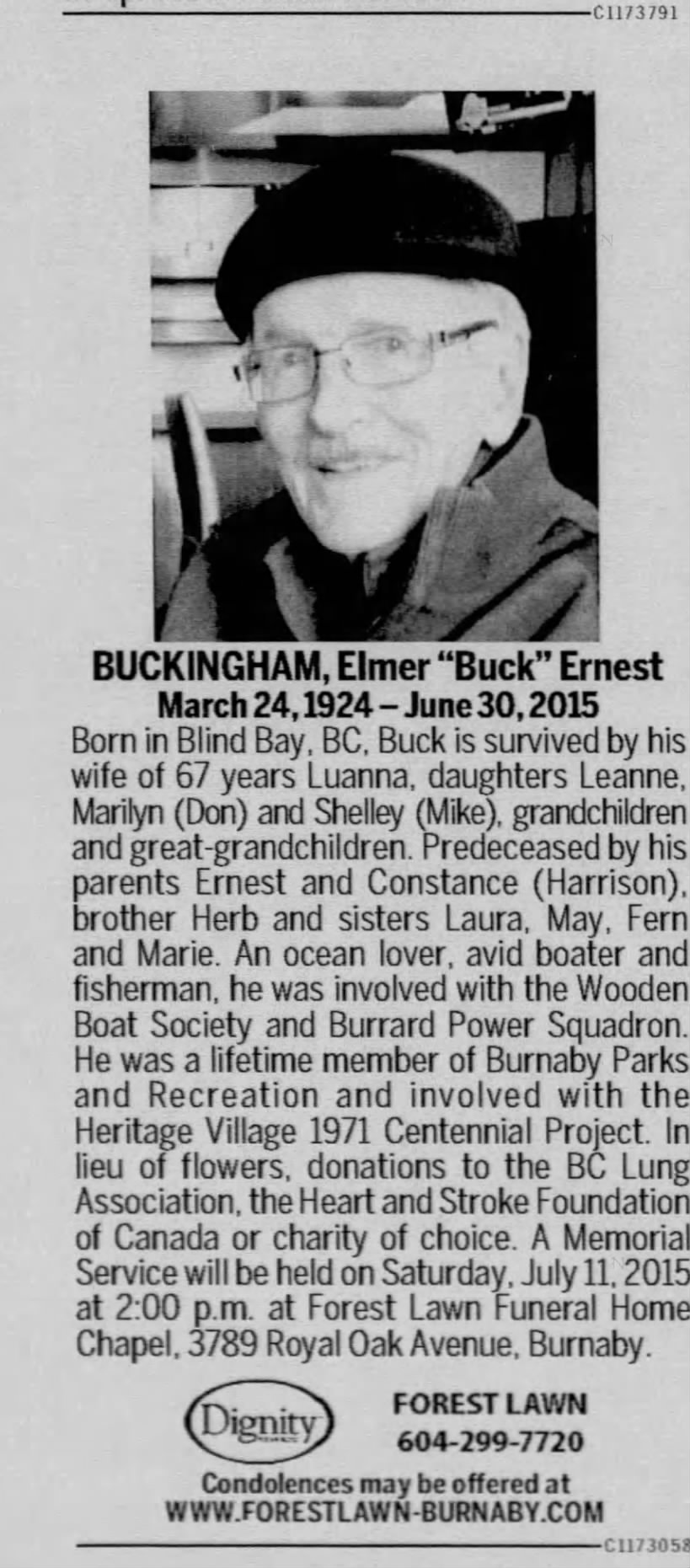 Obituary for Elmer BUCKINGHAM Ernest, 1924-2015