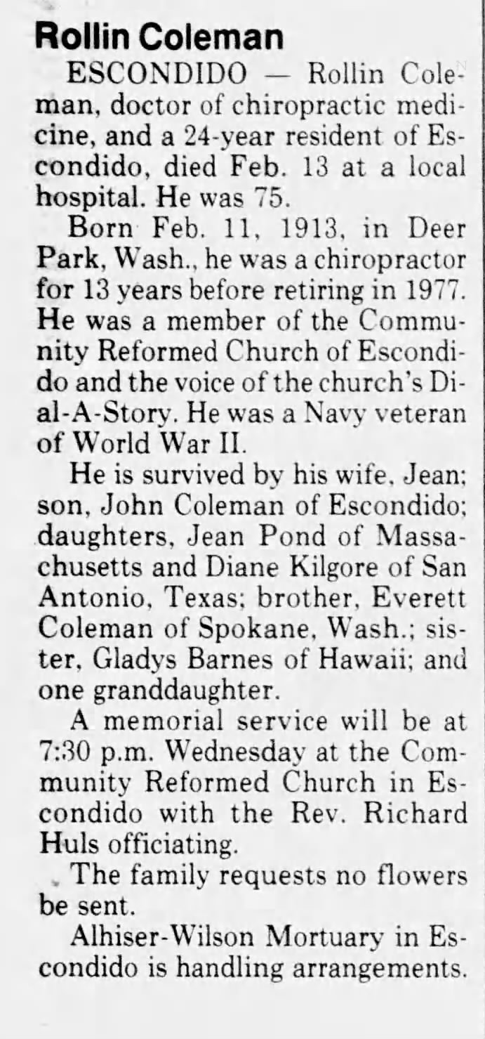 Obituary for Rollin Coleman (Aged 75)