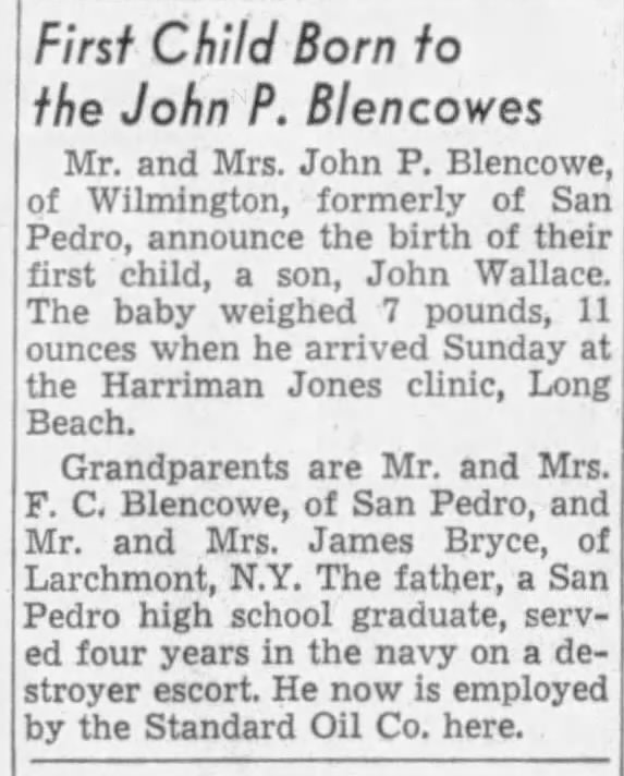 First child for John P Blencowe - 17 May 1946