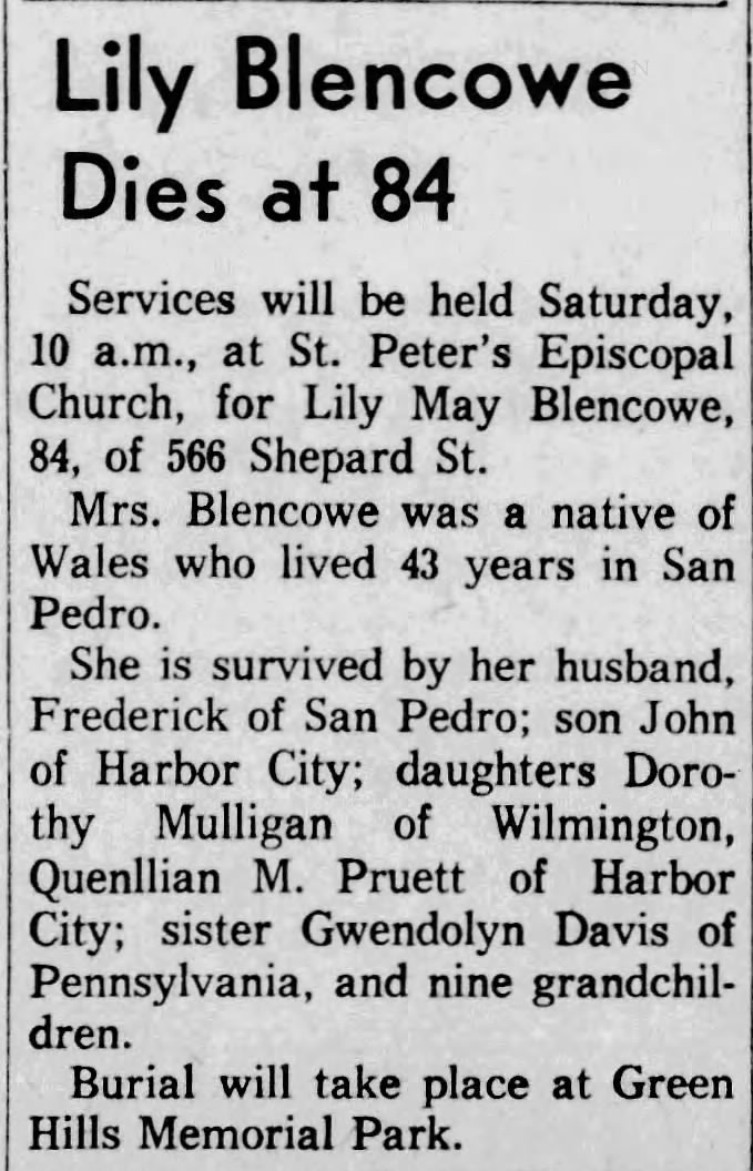 Obituary for Lily May Blencowe (Aged 84)