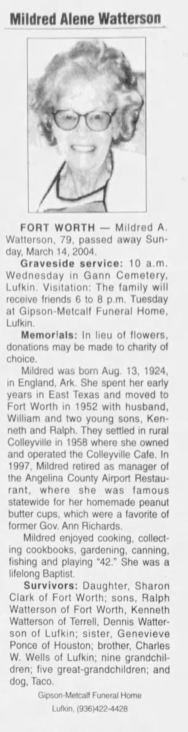 Obituary for Mildred Alene Watterson, 1924-2004 (Aged 79)