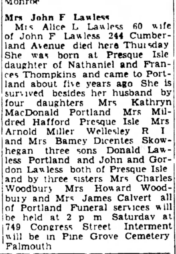 Mrs John F Lawless (Mrs Alice L Lawless) 7 October 1949