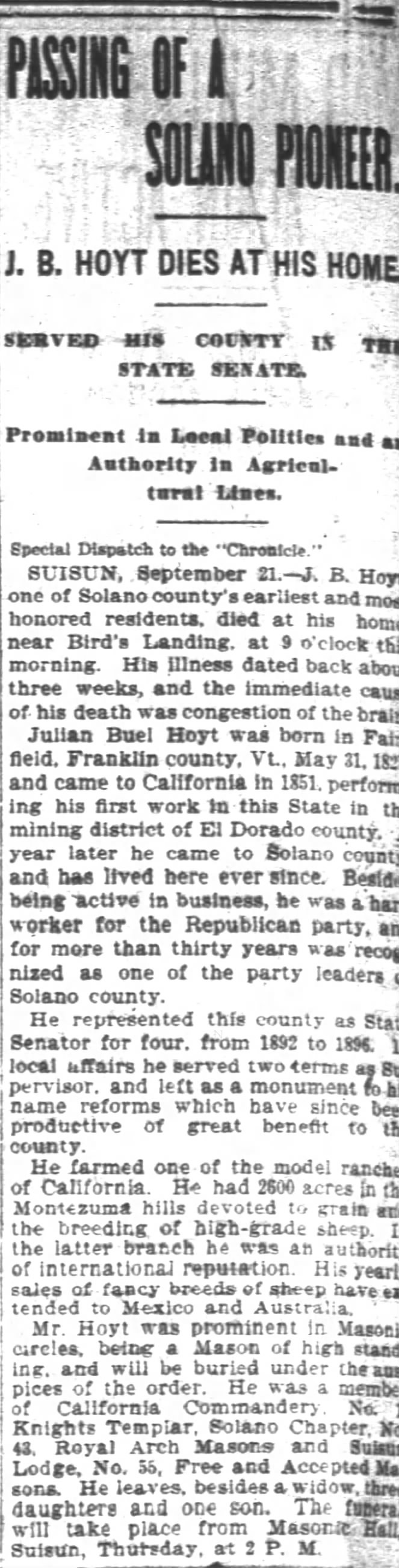 Julian Buel Hoyt Sr Obituary
San Francisco Chronicle (San Francisco, CA); 22 Sep 1897; Page 4