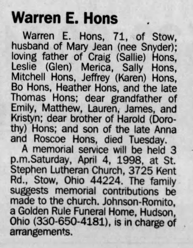 Warren E Hons
Obituary 31 March 1998