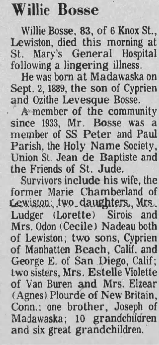 Obituary for Willie Bosse