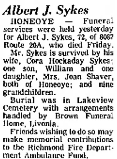 Albert J Sykes Obituary 5/31/1977