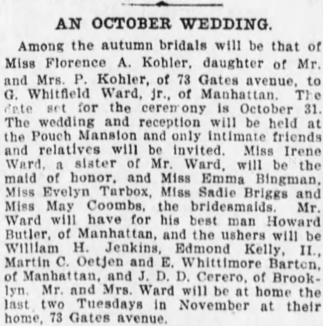 Kohler-Ward Marriage announce 10/6/1905