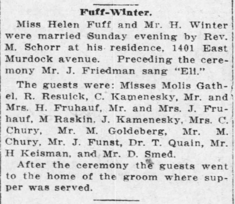 Marriage performed by Rev M. Schorr, August, 1915