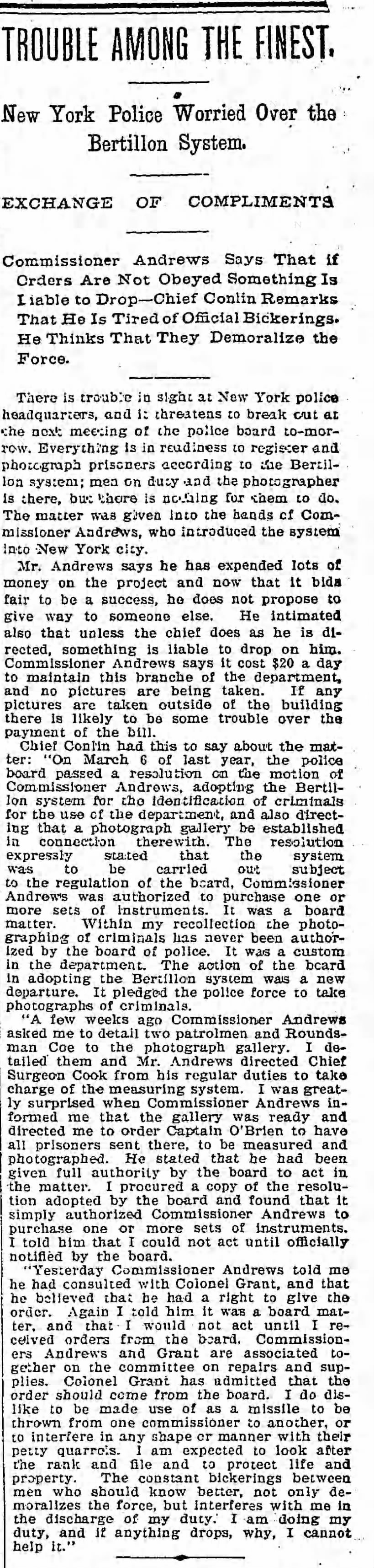 1897-02-16 NYPD Chief Objects re Bertillon Start-Up not Authorized by Board