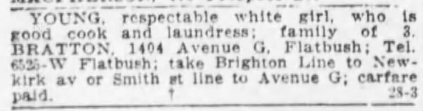 1915-7-28 Ad for white housekeeper at 1404 Ave G - take Smith St line to Ave G