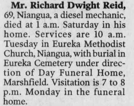 Death announcement for Richard Dwight Reid