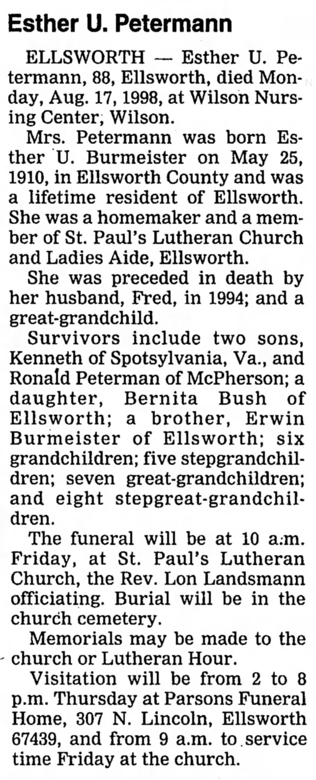 Esther U Burmeister Peterman Obituary