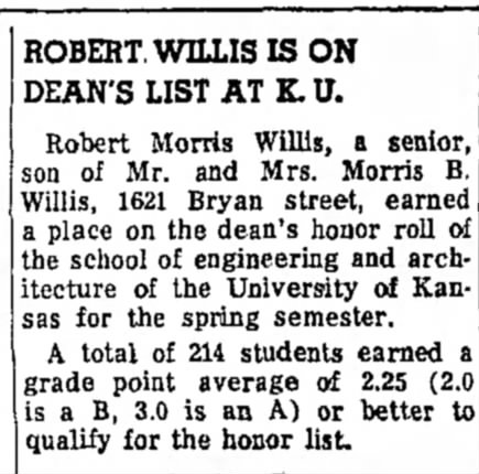 Robert Morris Willis On Honor Roll AT KU