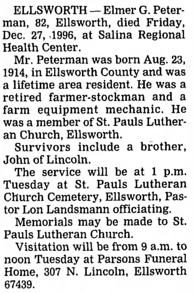 Elmer George Paterman Obituary