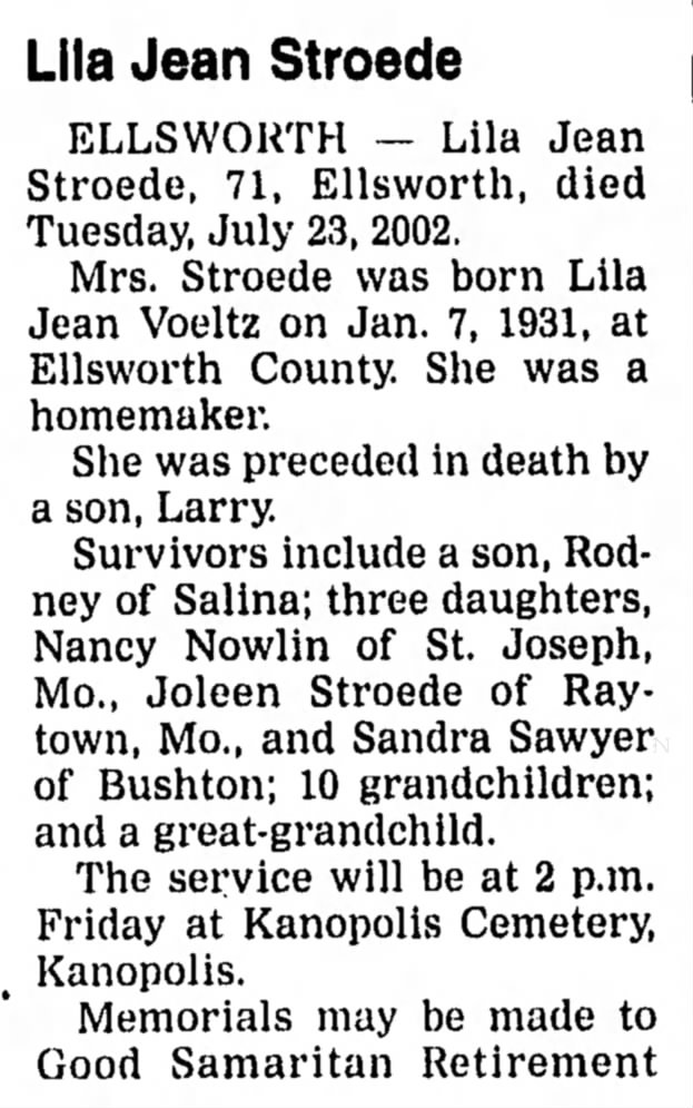 Lila Jean Voeltz Obituary