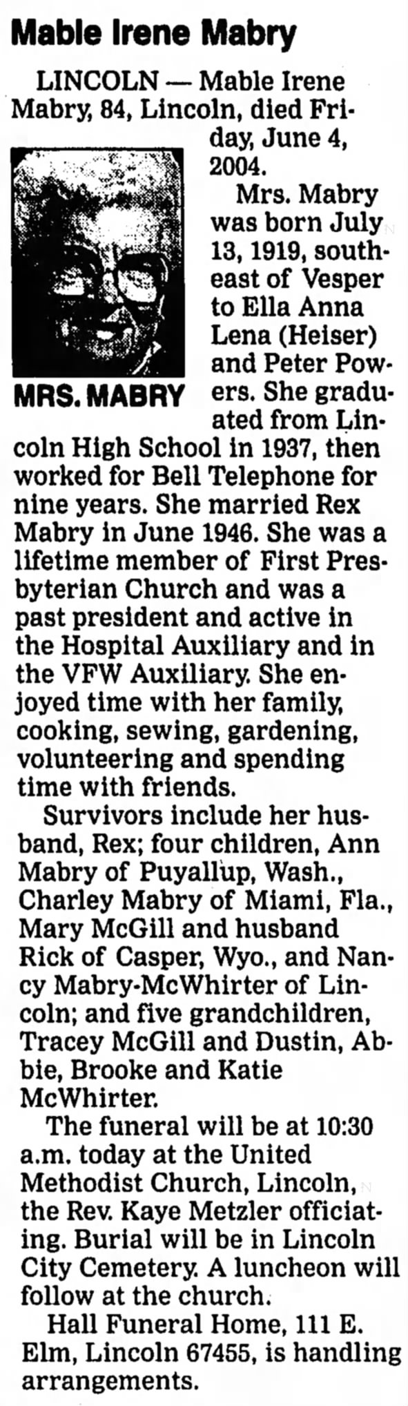 Mable Irene Powers Mabry Obituary