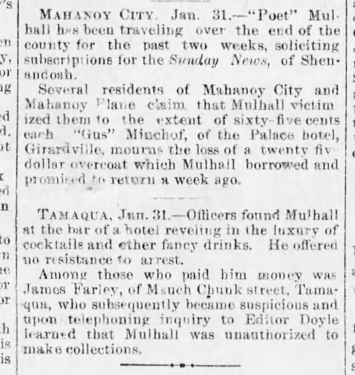 Mulhill the Poet, Soliciting Charge, Weekly Herald, Shenendoah, PA, Feb. 4, 1894