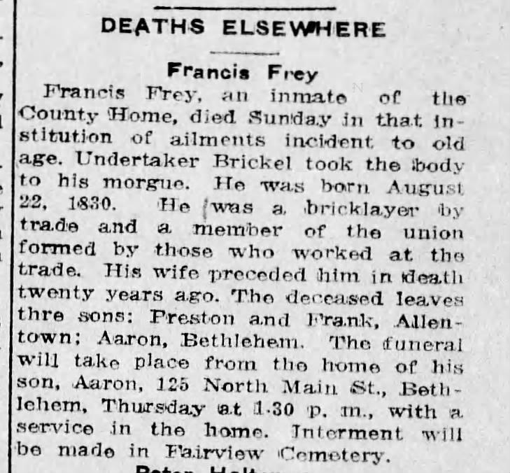 Francis Frey Death Notice, 1914