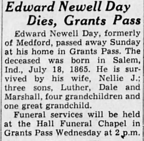 Edward Newell Day Died in Grants Pass Oregon in Medford Mail Tribute 29 Apr 46
