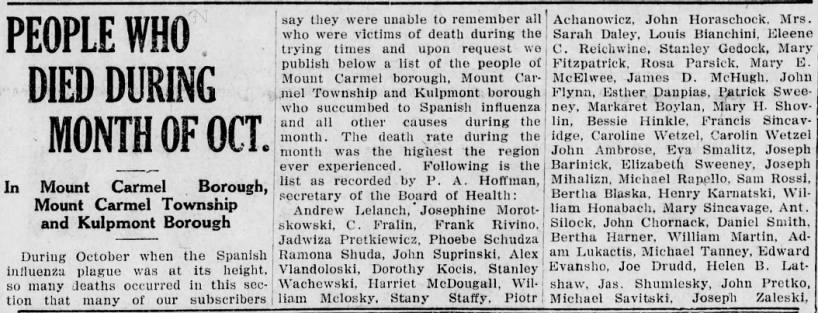 List of people who died in Mount Carmel, PA of the Spanish Flu