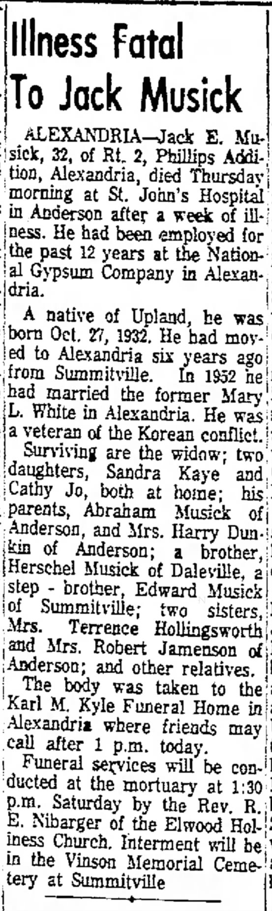 Jack Musick Obituary, Anderson Herald, 12 Mar 1965, page 2