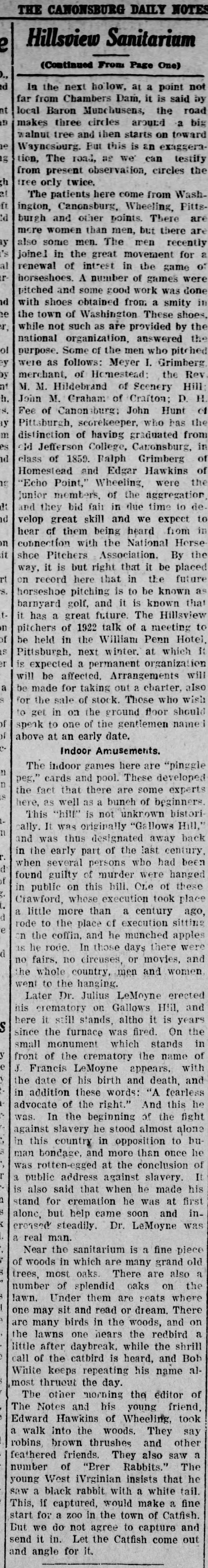 Hillsview Farms Sanitarium, The Daily Notes (Canonsburg, PA), 8 Aug 1922, page 3, Col. 4