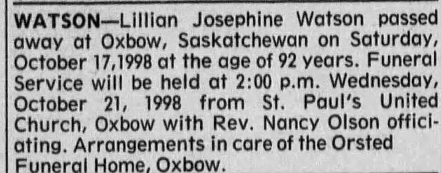 Obituary for Lillian Josephine WATSON (Aged 92)