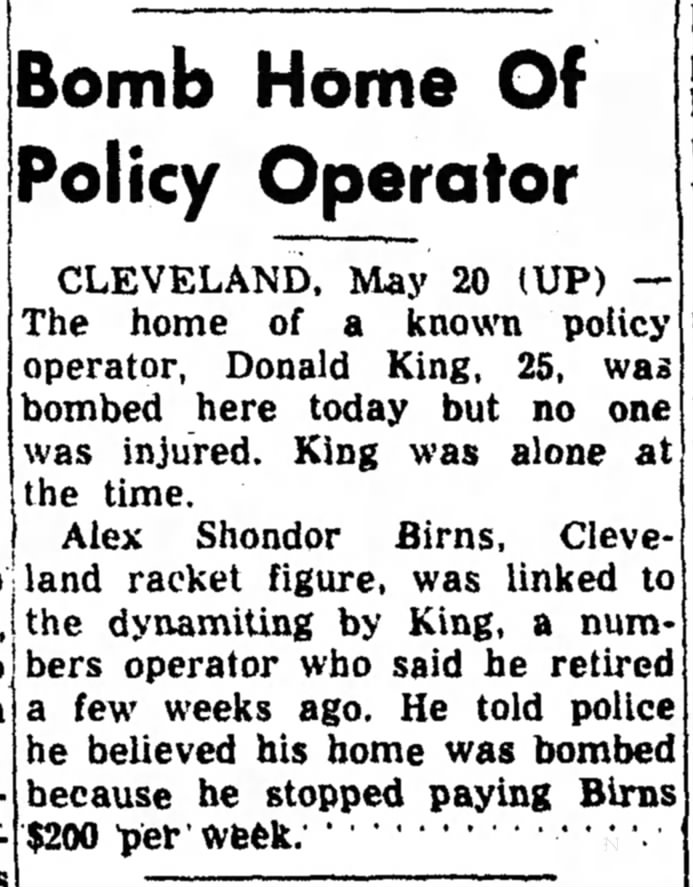 BOMB HOME OF POLICY OPERATOR DON KING 5-20-1957 PG 1