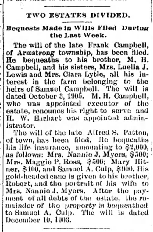 Samuel A Culp Receiver of Funds from Will of Frank Campbell