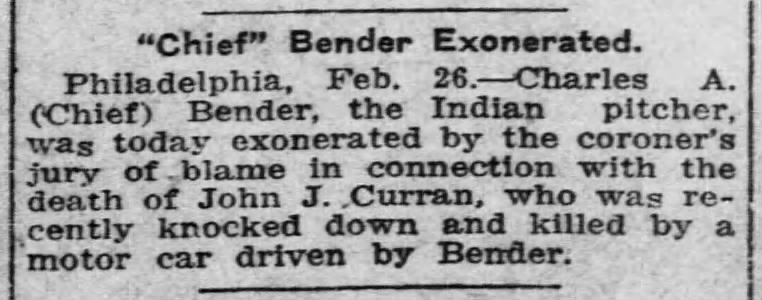 "Chief" Bender Exonerated.