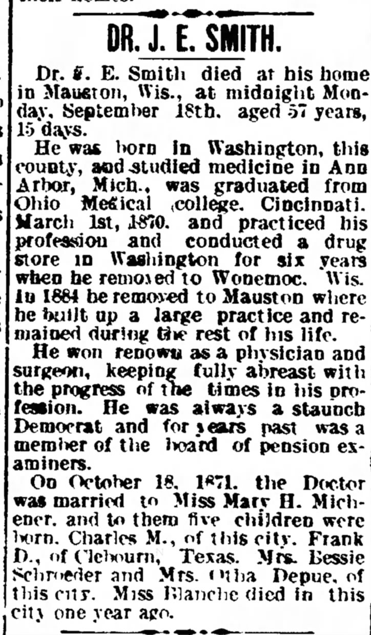 Dr. J.E.Smith, husband of Mary Michener, obituary