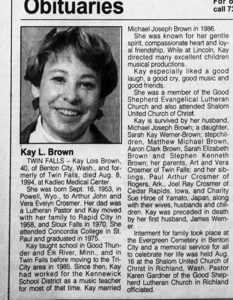 Obituary for Kay Lois Brown, 1953-1994 (Aged 40)