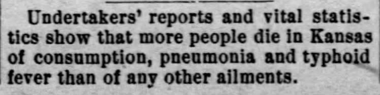 Main causes of death in KS in 1890s include typhoid, consumption, pneumonia.