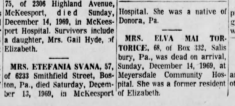 The Daily Republican (Monongahela, Pennsylvania) 16 Dec 1969 
Mrs. Etefania Svana Obit