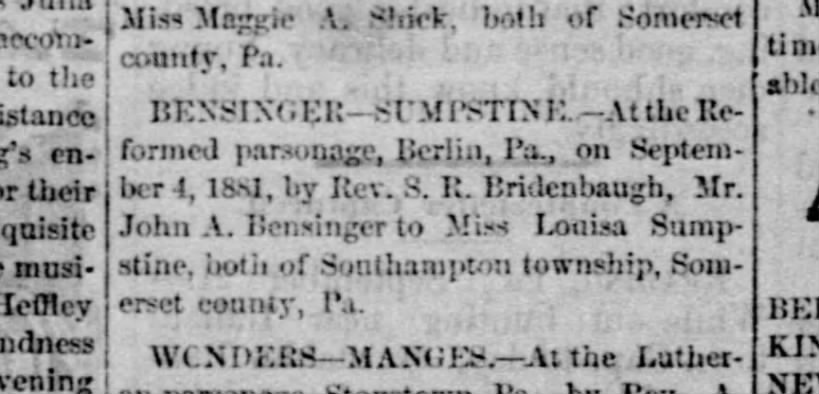 Brensinger Sumpstine Marriage Sept 4 1881 Berlin Pa.