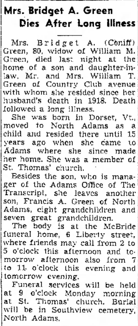 Bridget Coniff-Green obituary 1949
