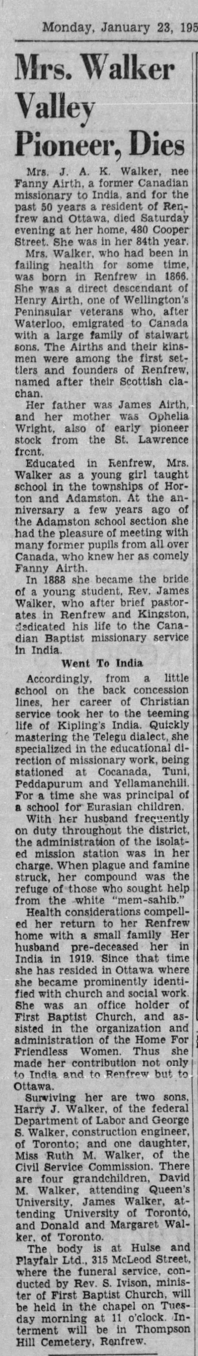 Obituary of Fanny Airth Walker - The Ottawa Citizen, 23 Jan 1950, Mon. Pg 7