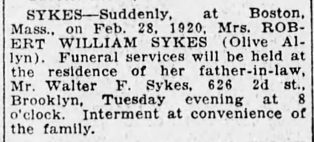 funeral notice for Olive Allyn Sykes, died feb 28, 1920
